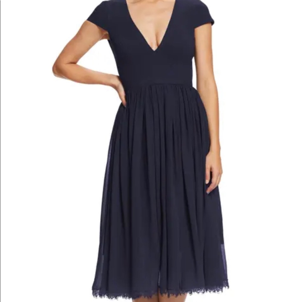 NWOT Dress the Population Corey Chiffon Fit & Flare Cocktail dress, Navy, XS